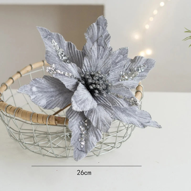 fleur de noël artificielle en velours pailleté décoration festive pour maison - vue 12 sur 12