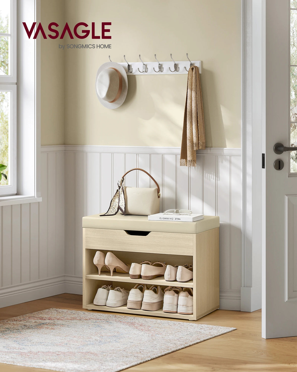 VASAGLE Shoe Bench, Bench, Shoe Rack with Padded Cushion, Shoe Organiser with 3 Levels, 30 x 60 x 44 cm, for Hallway