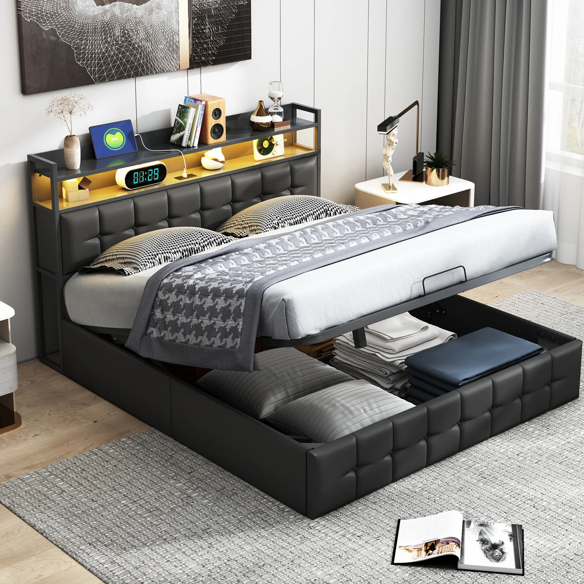 Storage Bed,Upholstered Bed 140/160x200cm,Headboard with LED Lighting and Charging USB,Double Bed with Storage Space,No mattress