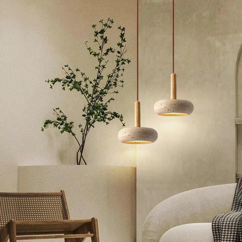 lustre moderne en bois avec suspension led en pierre