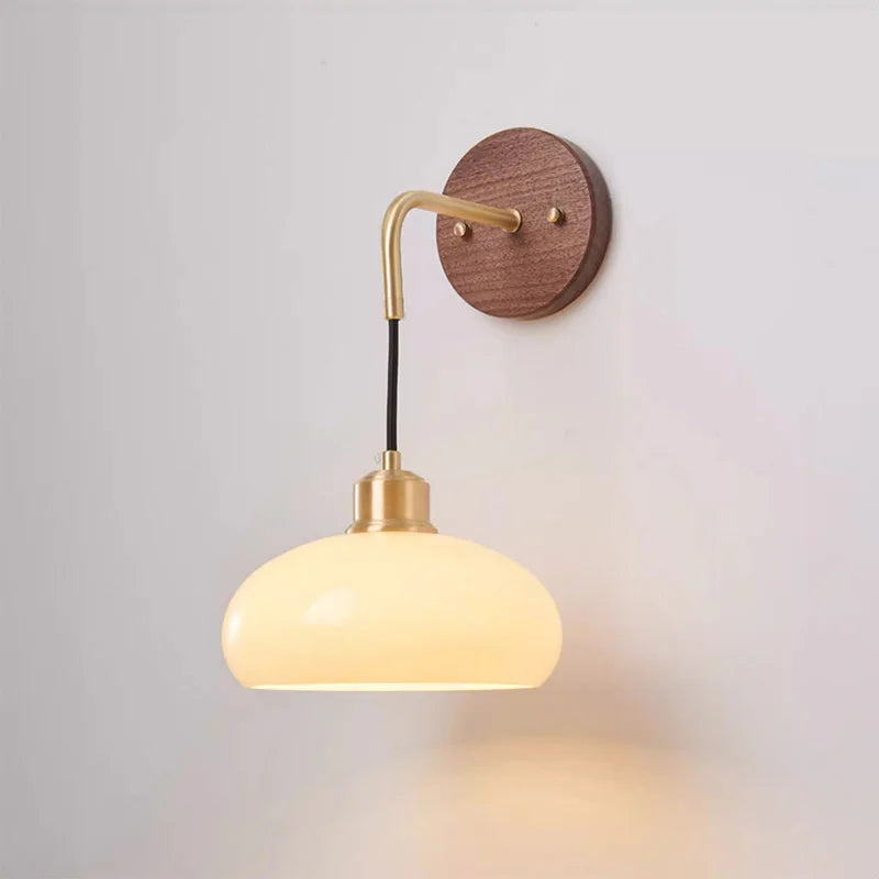 Walnut Wood Glass Brass, Wabi-sabi minimalist Modern style, Wall Sconce light for Bedroom, Bedside, Living, Dining Room - vue 6 sur 7