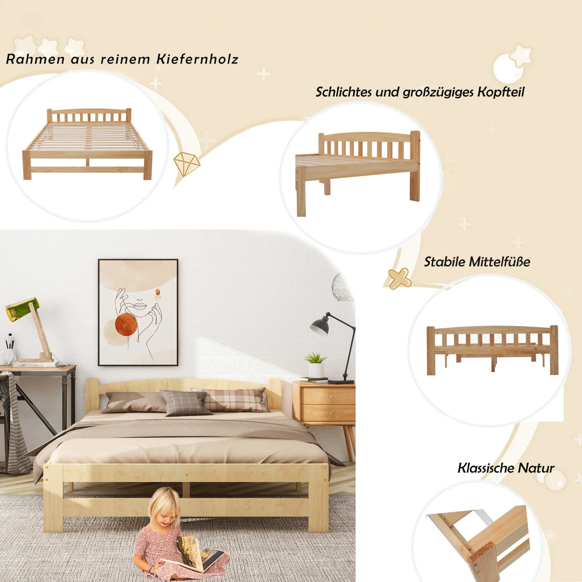 VSOGA 140/90 x 200 Cm, Solid Solid Wood Bed, Futon Bed, Double Bed, Solid Wood Natural Bed with Headboard and Slatted Frames,