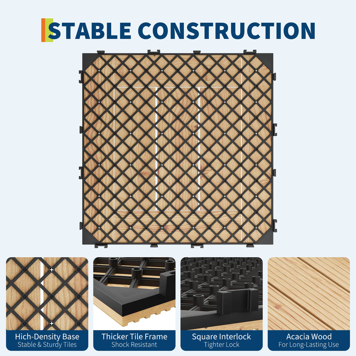Dalles terrasse bois acacia 12x12 pouces antiderapantes clipsables - vue 7 sur 8