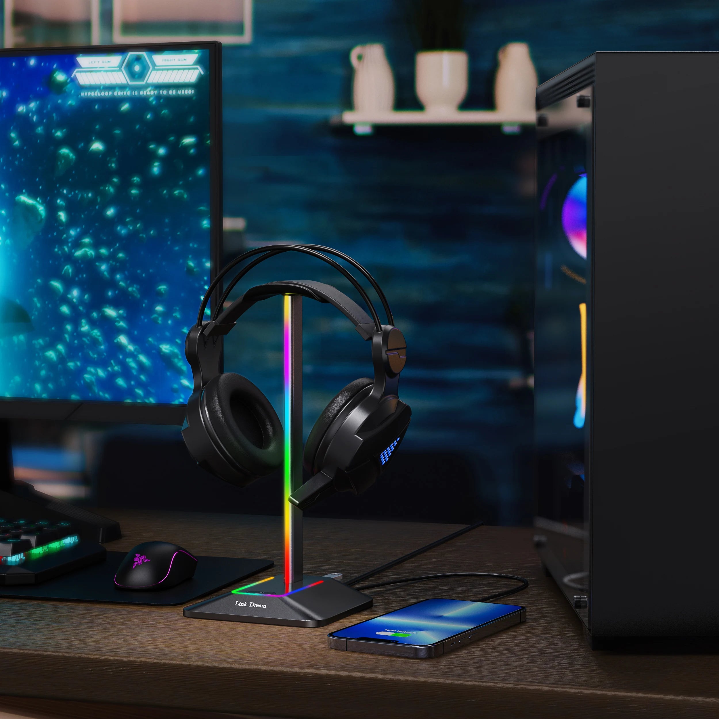 link dream support casque jeu rgb usb type-c pc bureau - vue 5 sur 8