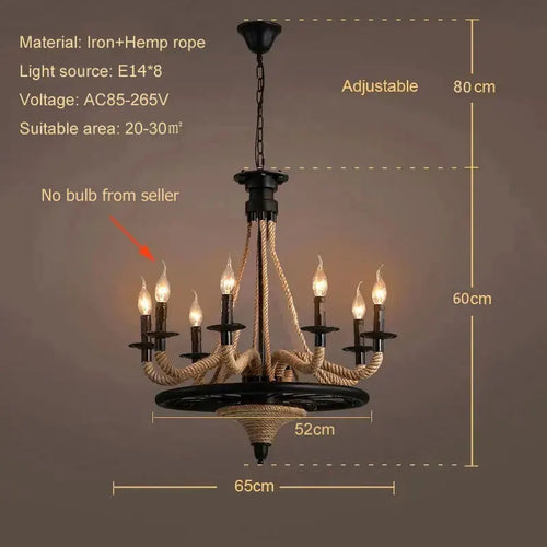 lustre loft américain en bois avec corde de chanvre industrielle