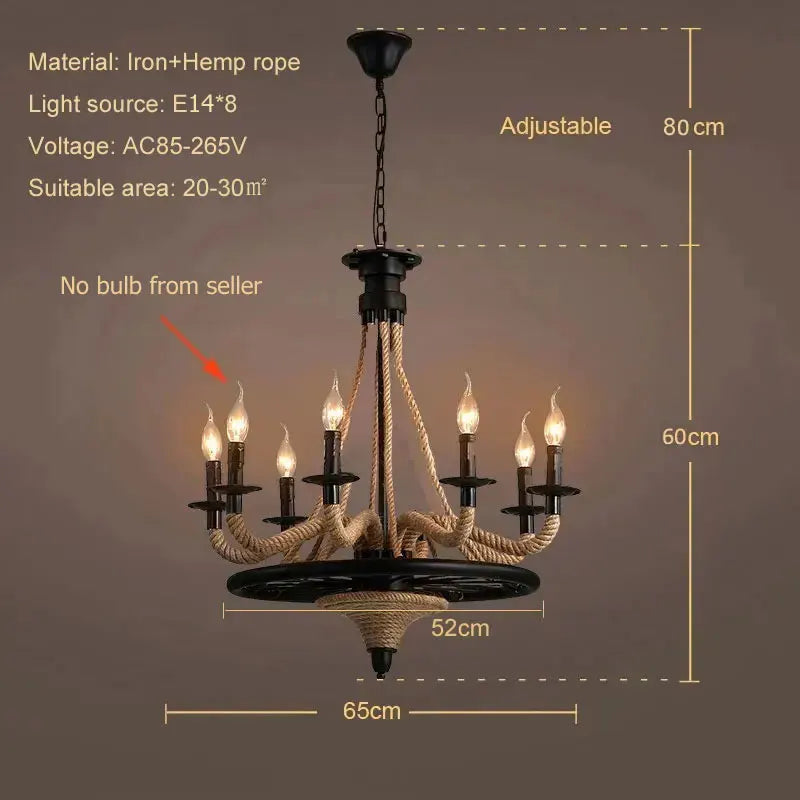 lustre loft américain en bois avec corde de chanvre industrielle - vue 5 sur 7