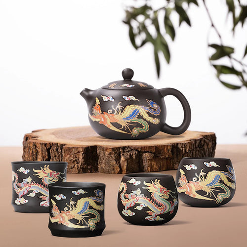 Théière argile motifs dragon phénix style gongfu artisanale