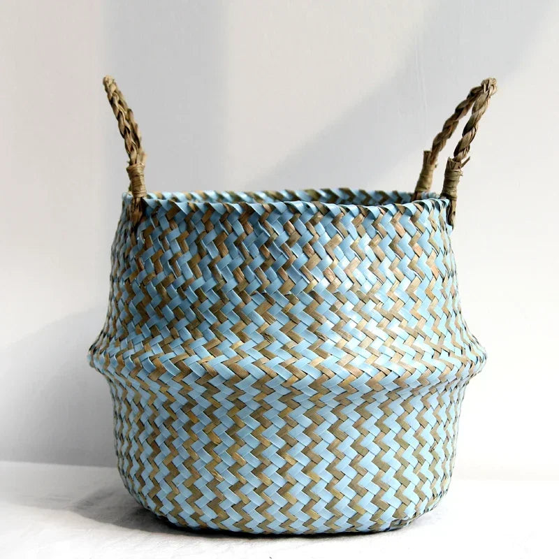 panier de rangement en osier pliable fait main patchwork seagrass - vue 6 sur 9