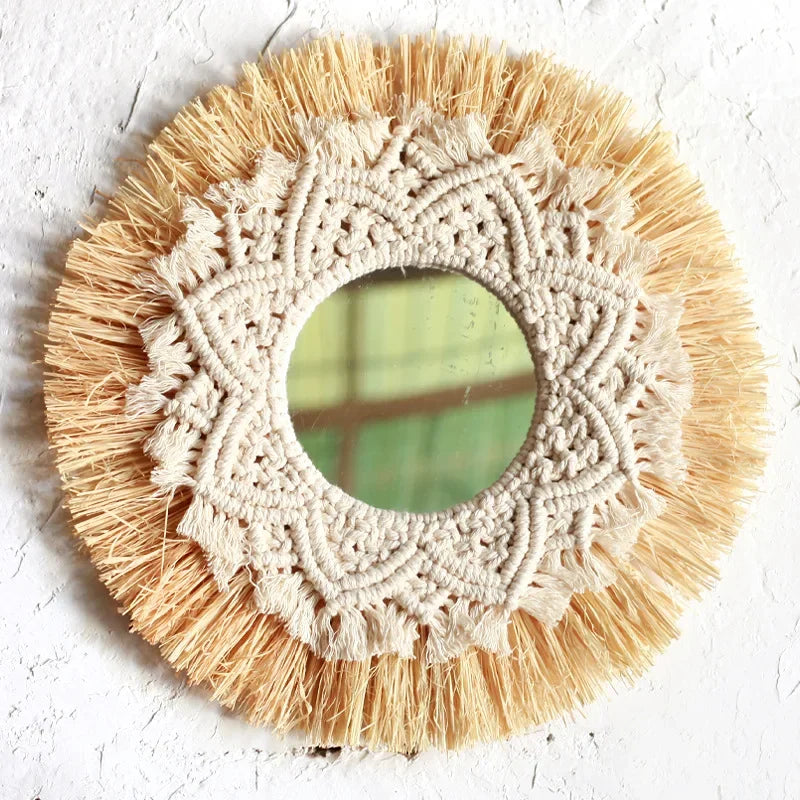 miroir décoratif bohème en paille tissée romantique pour mariage - vue 14 sur 13