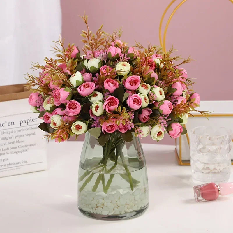 fleurs artificielles en soie bouquet de camélia décoratif - vue 6 sur 11