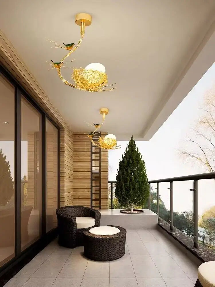 lustre led moderne en forme de nid d'oiseau avec boule de verre - vue 5 sur 14