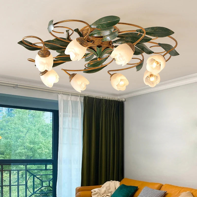 Französische Retro-Deckenleuchte mit Blumen aus Kupfer für Wohnzimmer und Schlafzimmer - vue 4 sur 6