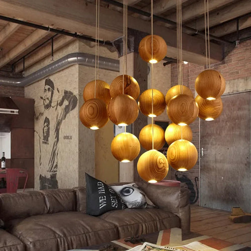 Moderne LED-Pendelleuchte aus Holz GZMJ mit mehreren Köpfen - vue 10 sur 11