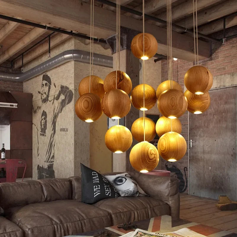 Moderne LED-Pendelleuchte aus Holz GZMJ mit mehreren Köpfen - vue 10 sur 11