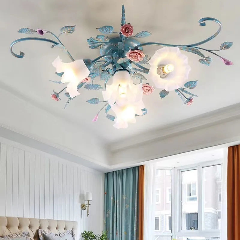 plafonnier led en fer fait main avec fleur de rose style américain coréen - vue 5 sur 10