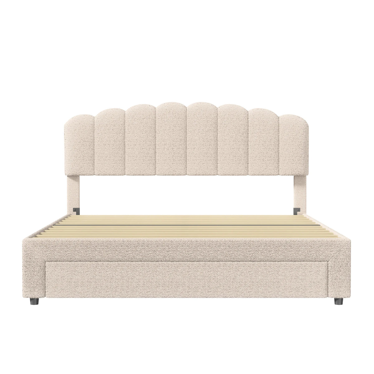 Bubble Bed, Double Bed, Teddy Velvet Fabric, with USB & LED, Drawer Bed,  with Storage Space, Beige, 140x200 cm
