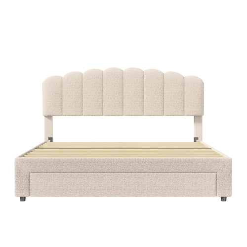 Bubble Bed, Double Bed, Teddy Velvet Fabric, with USB & LED, Drawer Bed,  with Storage Space, Beige, 140x200 cm