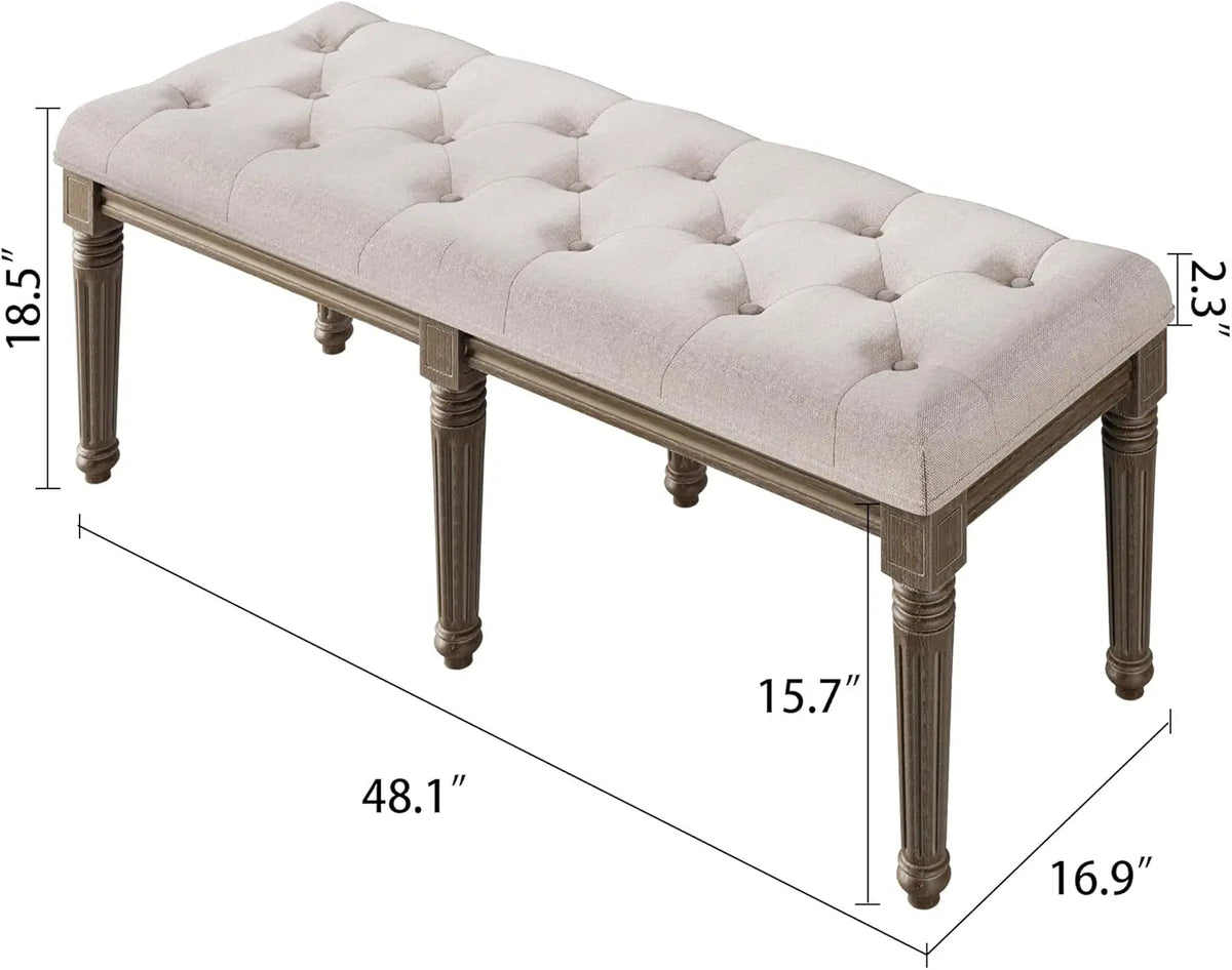 Beige Bench for Dining Room Table, Upholstered Vanity Stool Piano Bench Makeup Stool with Rustic Wood Vanity Stool Foot Rest