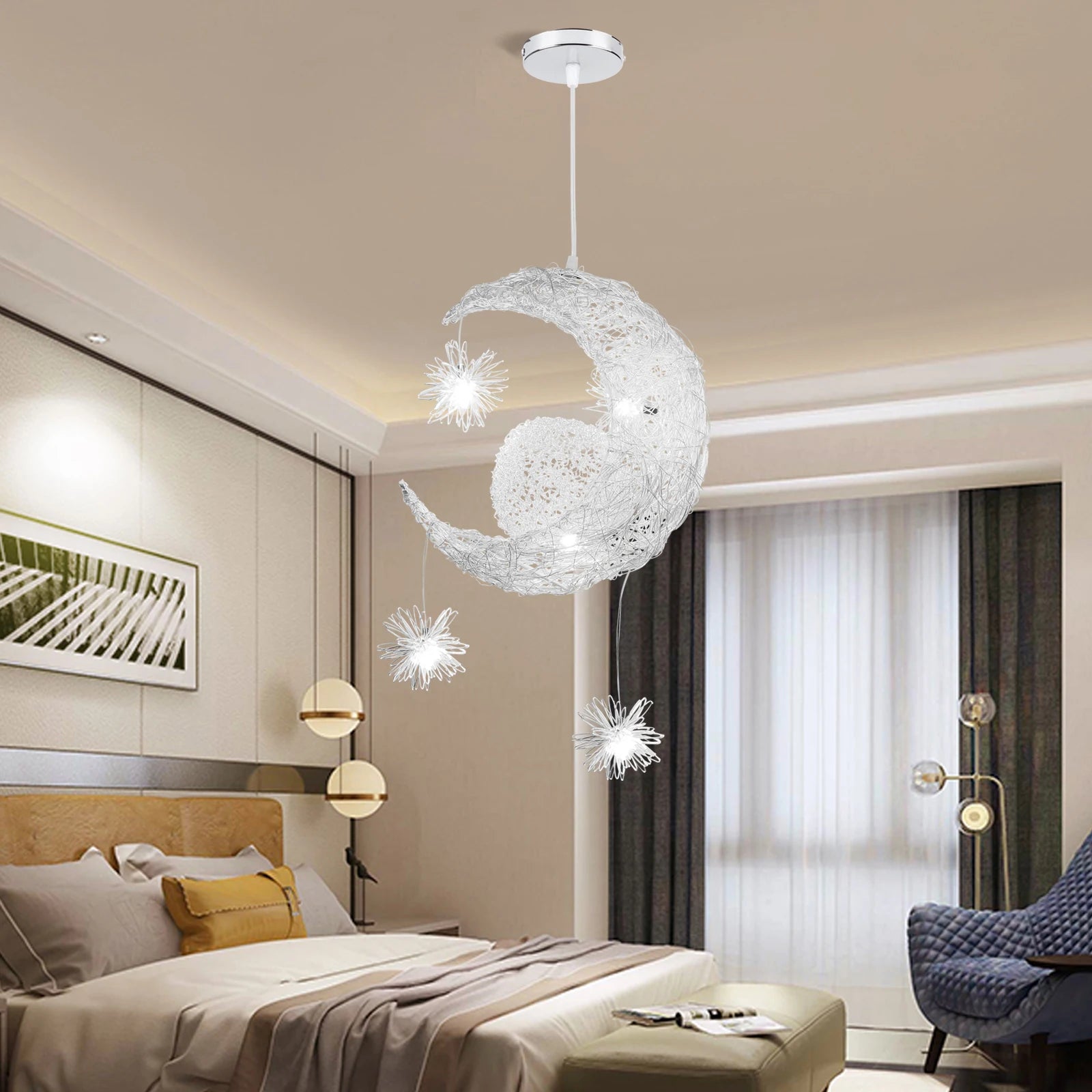 lampe suspendue créative en forme d'étoile et de lune led - vue 5 sur 8
