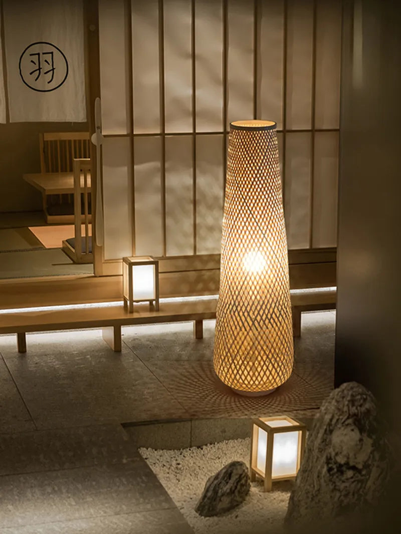 Lampadaire design osier bambou tissé style rétro - vue 5 sur 9