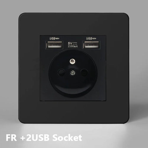 Prise électrique et double USB en acier noir mat bords arrondis