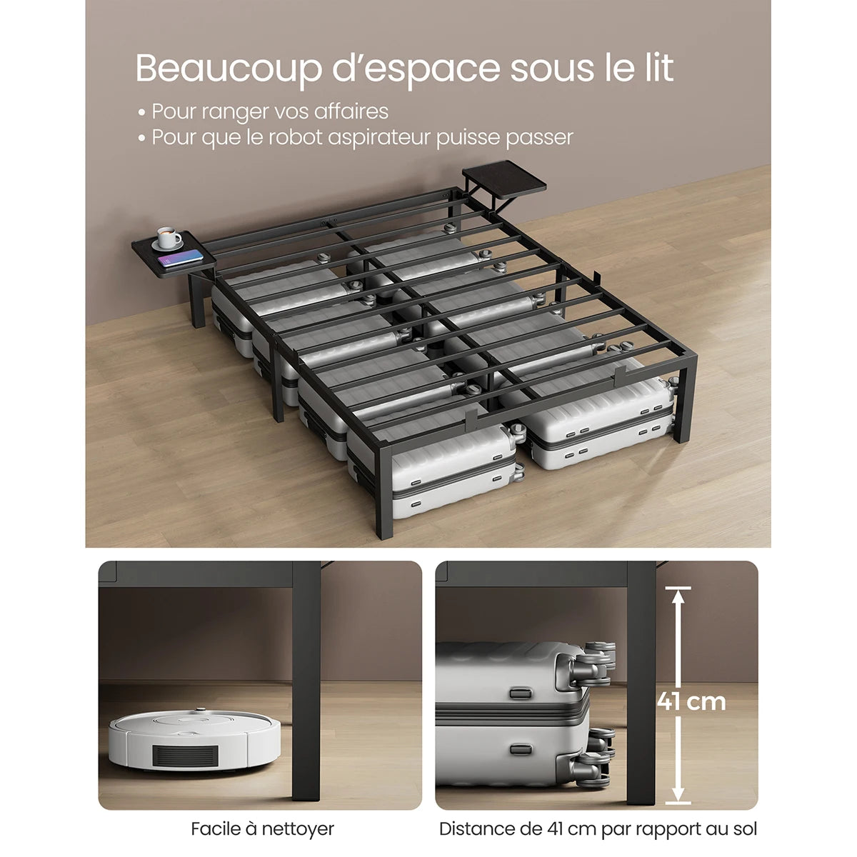 VASAGLE Double Bed Frame, Metal Bed Frame, with Bedside Shelves, Guest Bed Frame, for 190 x 140 cm Mattresses, Easy Assembly - vue 5 sur 7