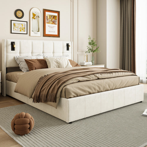 Single and Double Bed with Slatted Frame, Hydraulic Upholstered Storage Bed, Headboard with 2 Reading Light and USB Port, Velvet - vue 5 sur 8