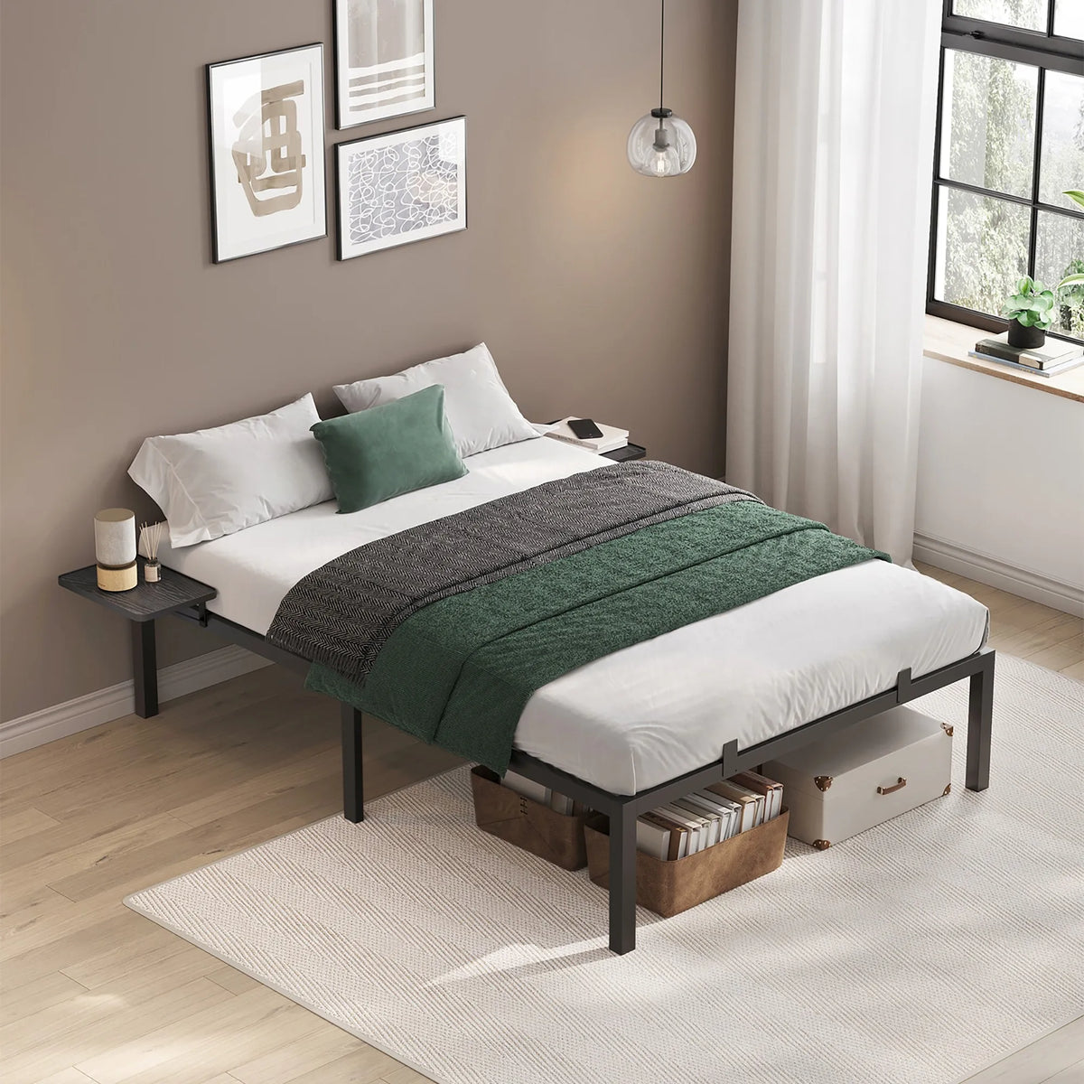 VASAGLE Double Bed Frame, Metal Bed Frame, with Bedside Shelves, Guest Bed Frame, for 140 x 200 cm Mattresses, Easy Assembly