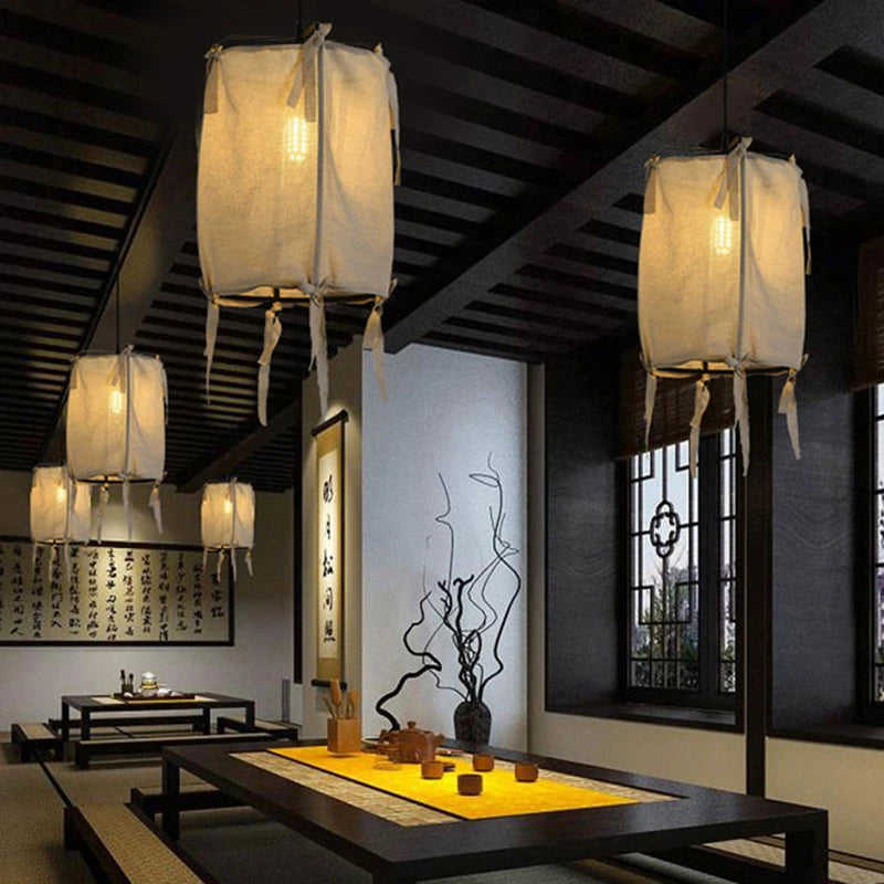 suspension style japonais en fer et lin décorative - vue 4 sur 9