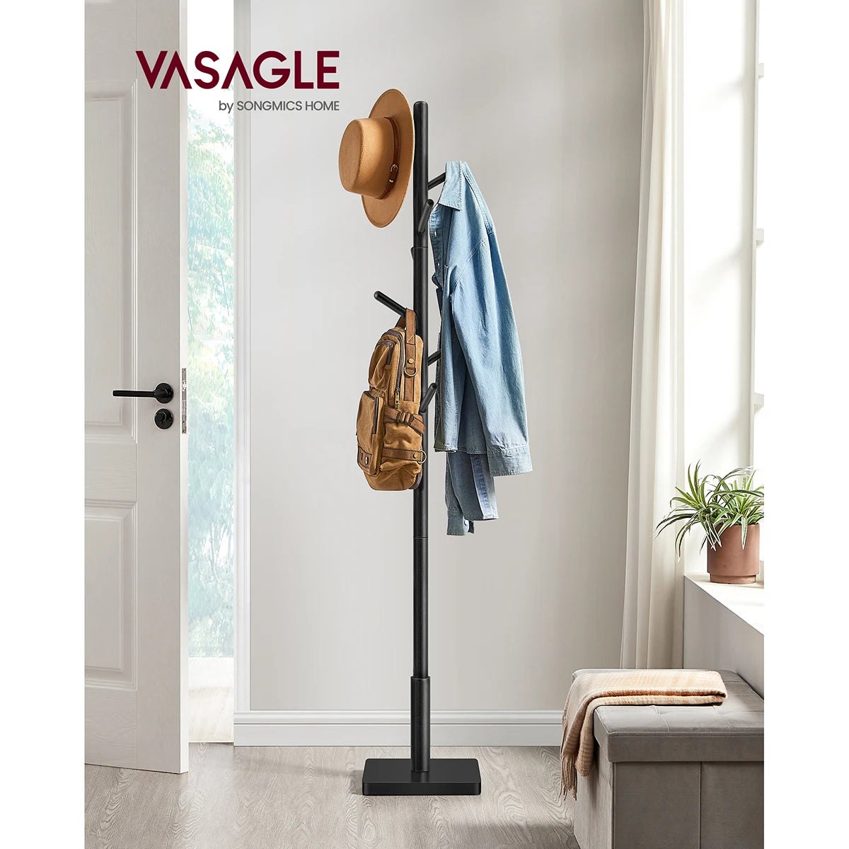 VASAGLE Coat Rack, Solid Wood Coat Stand, Free Standing Hall Coat Tree with 8 Hooks for Coats, Hats, Bags, Purses, for Entryway
