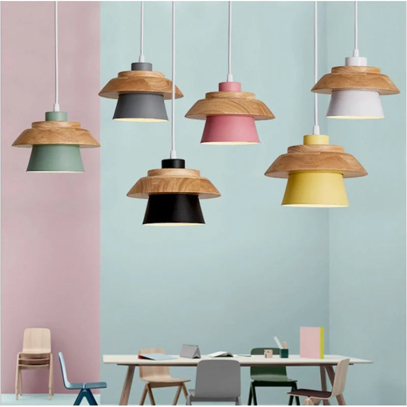 Nordique fer LED lustre couloir couloir entrée Restaurant lustre Simple Macaron en bois Sandwich lustre - vue 6 sur 5