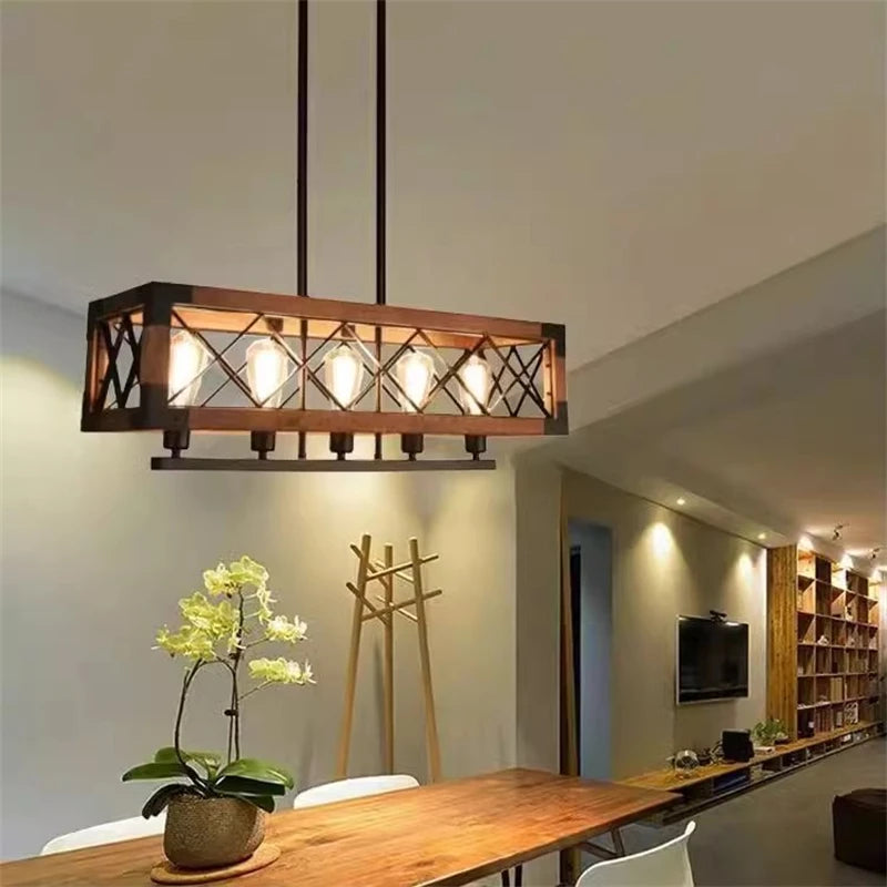 lustre vintage en bois style industriel pour bar et restaurant - vue 3 sur 6