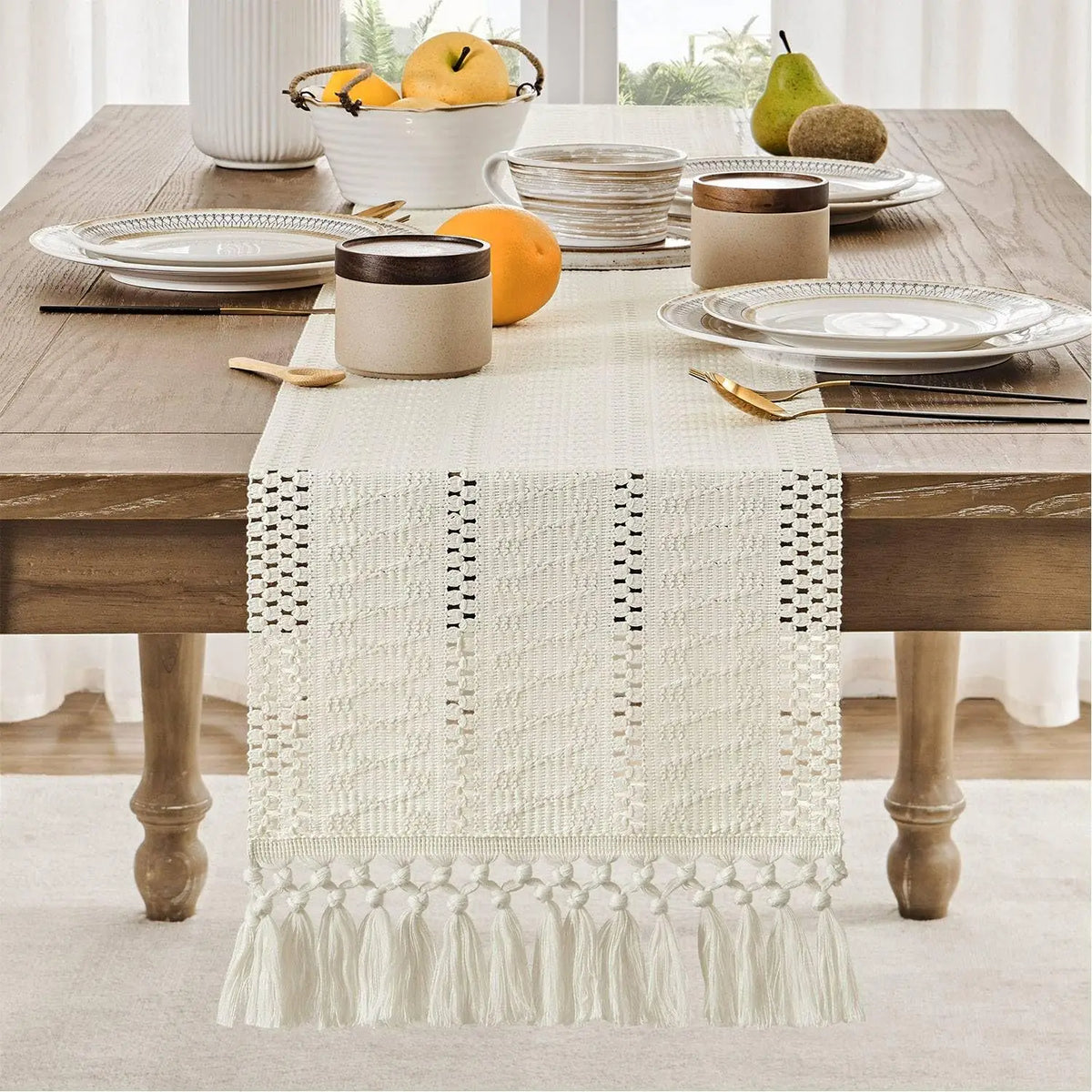 Chemin de table macramé bohème ivoire tissé rayé - vue 4 sur 7