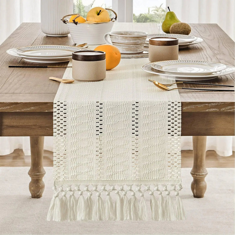 Chemin de table macrame boheme ivoire franges