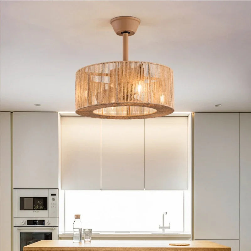 plafonnier décoratif en corde tressée avec ventilateur et intensité variable - vue 3 sur 11