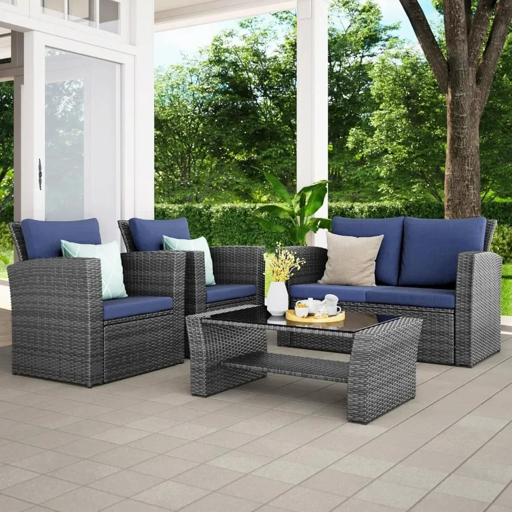 Wisteria Lane 4 Piece Outdoor Patio Furniture Set, Porch Deck Wicker Conversation Set, Grey Rattan Sofa Chair with Back Cushions