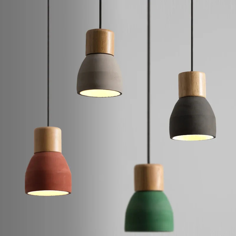 lampe led suspendue style nordique vintage en béton et bois - vue 2 sur 10