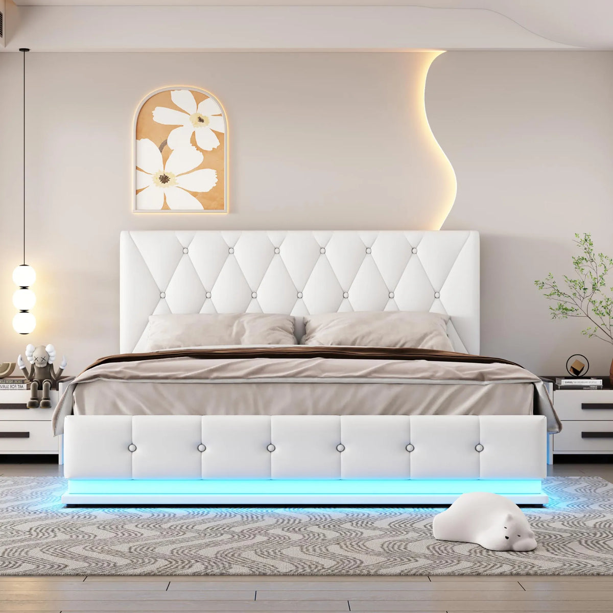 White Upholstered Bed, 140x200cm Double Bed, with Slatted Frame Artificial Leather Cover LED Lighting Hydraulically Liftable Bed