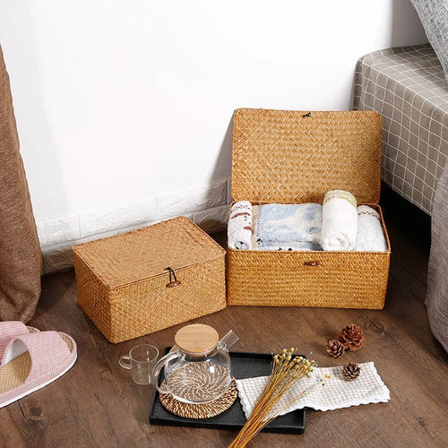 panier de rangement tissé en jonc de mer avec couvercle - vue 4 sur 13