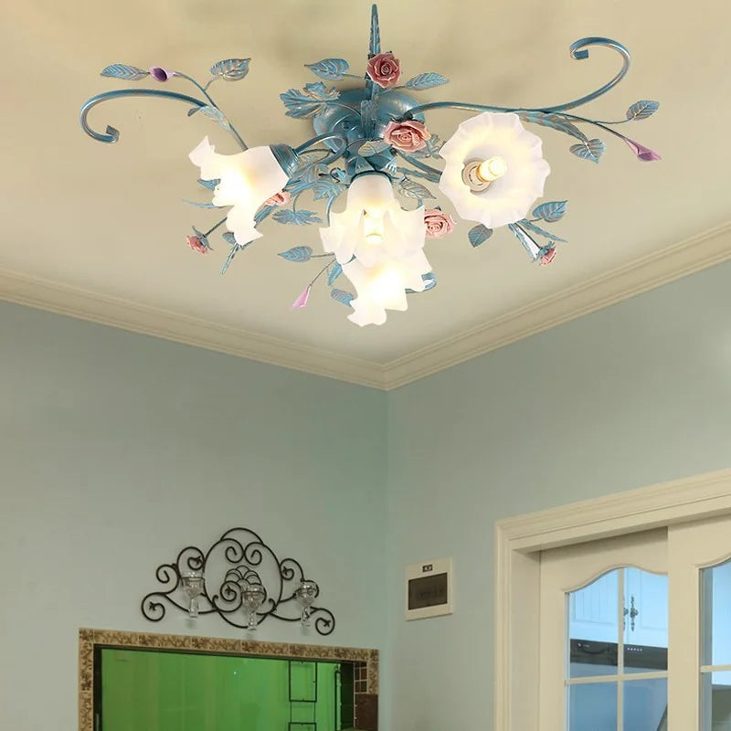 plafonnier led en fer fait main avec fleur de rose style américain coréen - vue 3 sur 10