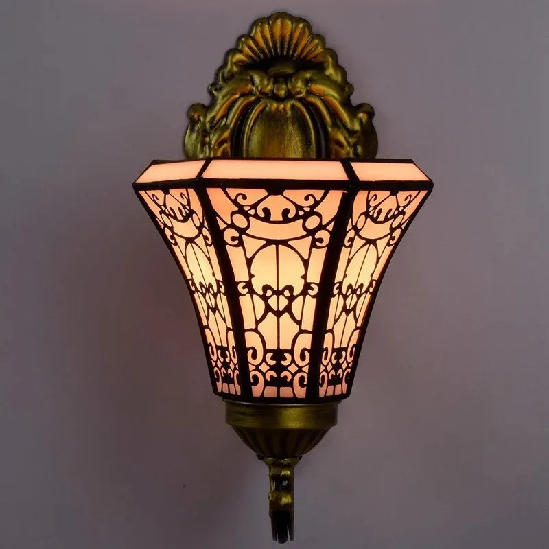 Tiffany Wandleuchte im Retro-Design mit Sonnenblumen-Motiv und Spiegel - vue 3 sur 7