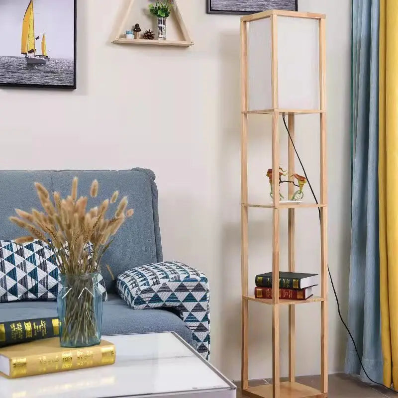 lampadaire LED étagère de rangement Nordic tissu bois massif lampe sur pied pour salon chambre bibliothèque fleur support interrupteur à tirer - vue 5 sur 7