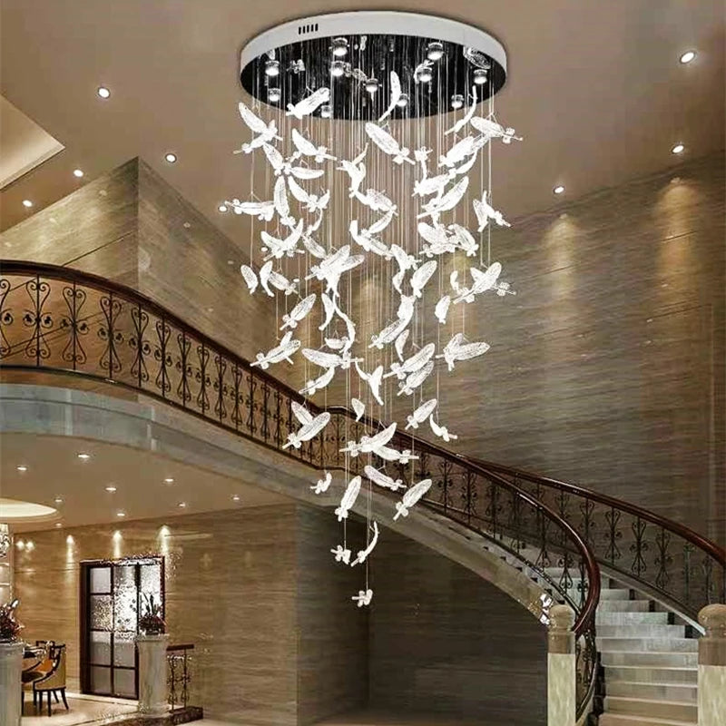 Moderner LED-Kronleuchter mit Kristallfedern aus Edelstahl - vue 6 sur 8