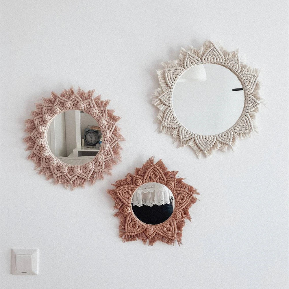 Miroir rond en macramé style bohème pour décoration murale