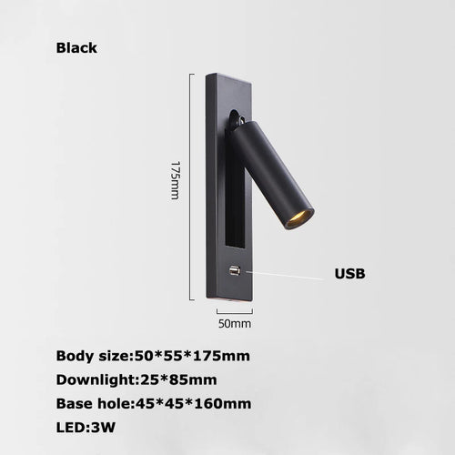 Black Brass Rectangular LED Wall Lamp Wall Sconce Wall Spotlight Reading Light with Switch and USB Port, Rotatable For Bedroom - vue 14 sur 22