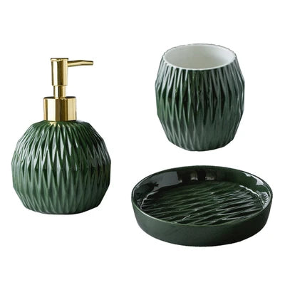 Nordic Bathroom, Dark Green Ceramic Embossed Shape, Soap Dispenser, Dish, Mouthwash Cup, Bathroom Supplies, Set - vue 11 sur 13