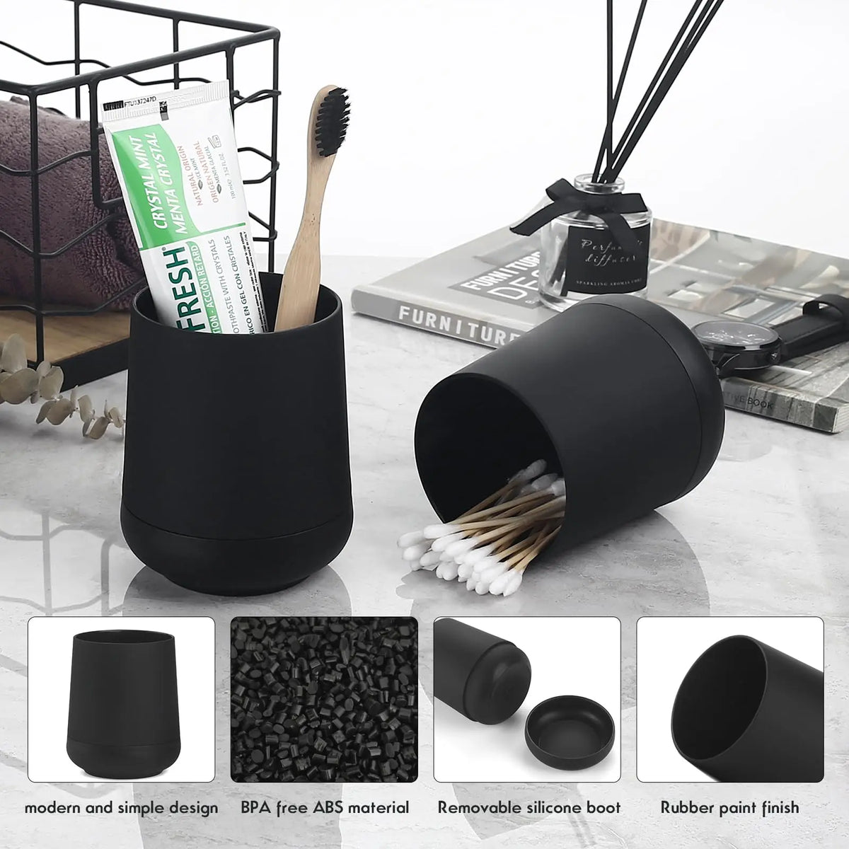 Matte Black toothbrush holders for bathrooms with silicon boot, Modern tooth brushing and toothpaste holder cup for bathroom Org - vue 4 sur 6