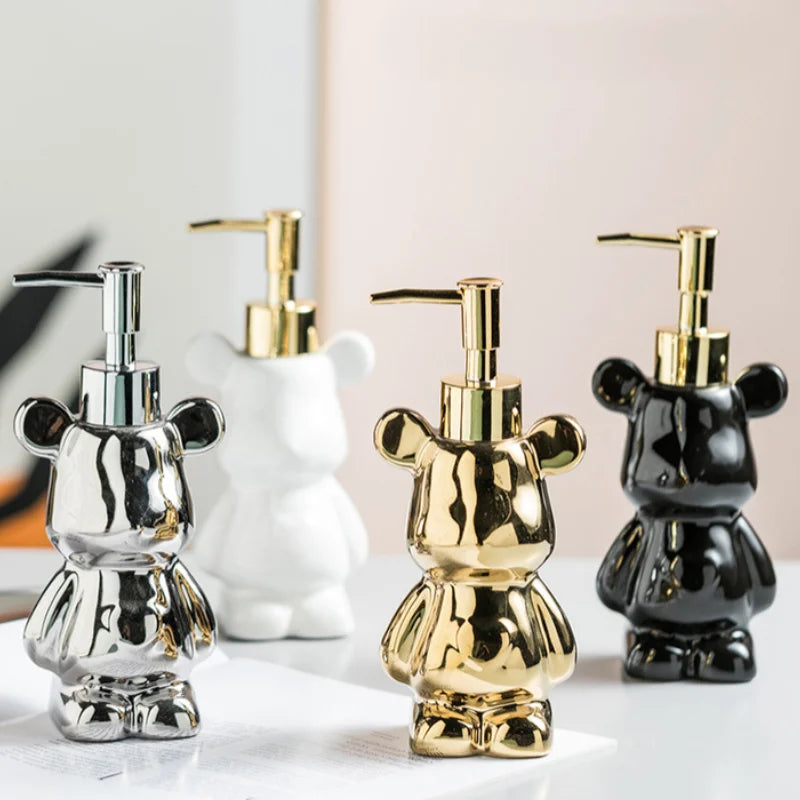 Bear Shape Ceramics Soap and Gel Dispenser, Creative Gold Silver, 200ml Empty Shampoo Bottle, Bathroom Storage Accessories