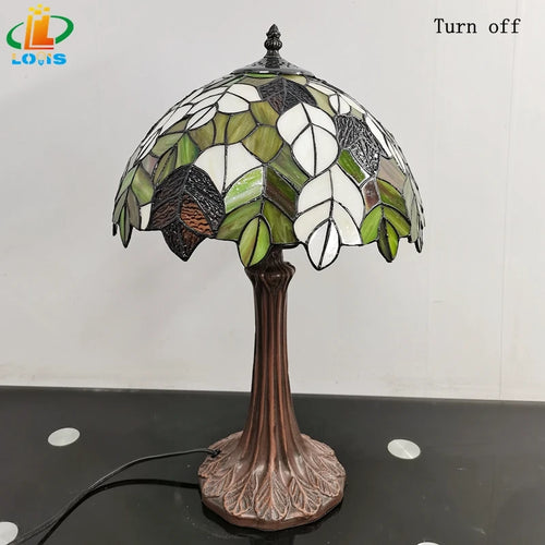 lampe à poser en verre style tiffany avec feuilles décoratives antique