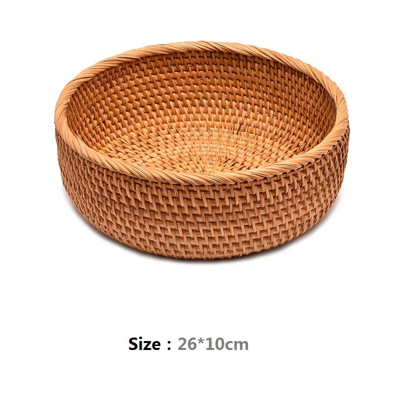 HeMu-Round Rattan Woven Basket, Wicker Fruit Basket, Bread Food, Kitchen Home Decor, Organizer Breadbasket for Kitchen - vue 8 sur 13